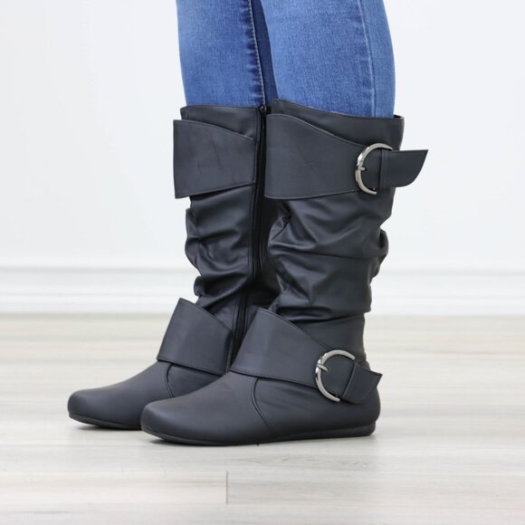 Black Mid-Calf Boots Slouch Shaft Faux Leather Side Zip Flat Sole - Picture 5 of 14